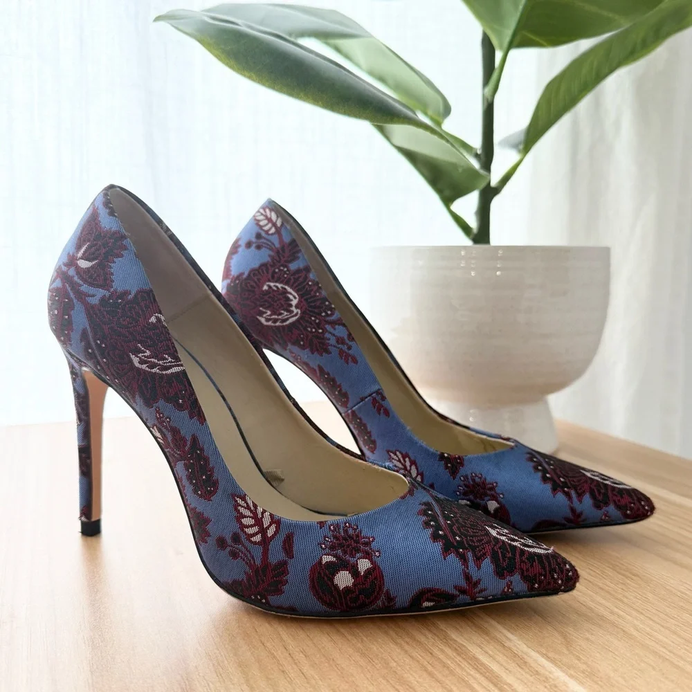 Zara blue & burgundy floral jacquard pointed toe stiletto pumps - size 7 (37) - Picture 8 of 11